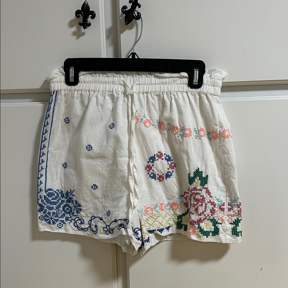 Sezane White Floral Cotton Embroidered High Waist Shorts